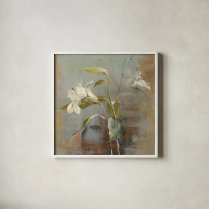 Contemporary Lilies II by Danhui Nai. Shown in a crisp white glass frame for a clean and minimalist style. Available as an archival giclee rolled canvas, fine art paper, or poster print. SKU 5442a.