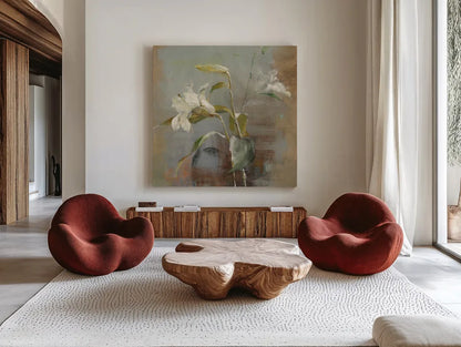 Contemporary Lilies II by Danhui Nai. Shown as extra-large giant wall art in a modern living room. Available as an archival giclee rolled canvas, fine art paper, or poster print. SKU 5442a.