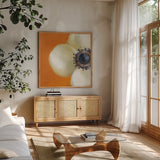 Contemporary Poppy by Danhui Nai. Shown in a natural wood frame in a cozy modern living room. Available as an archival giclee rolled canvas, fine art paper, or poster print. SKU 5455a.