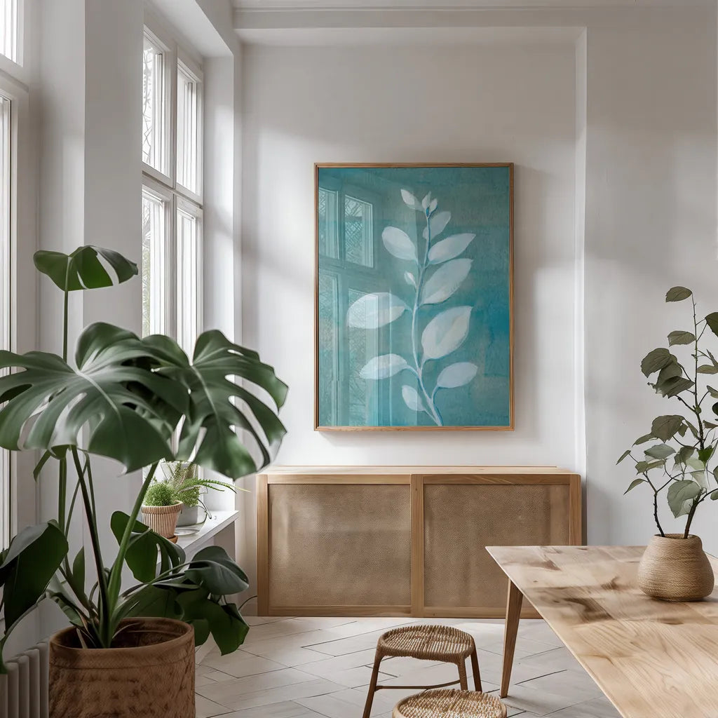 Cool Leaves II by Danhui Nai. shown as a print in a natural wood frame in a dining room. Available as a archival giclee rolled canvas, fine art paper, or poster print. SKU 64053h.