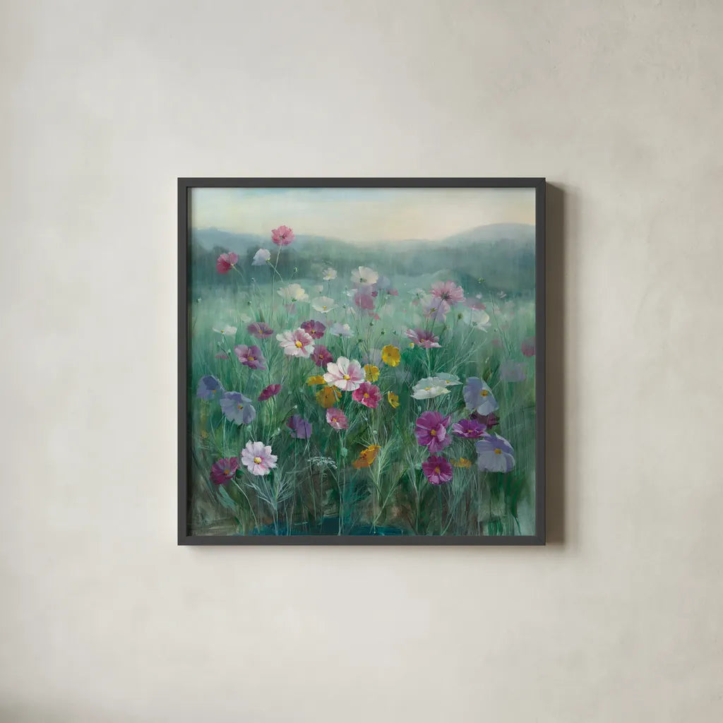 Cosmos at Dawn by Danhui Nai. Shown in a sleek black glass frame for a contemporary gallery look. Available as an archival giclee rolled canvas, fine art paper, or poster print. SKU 34628a.