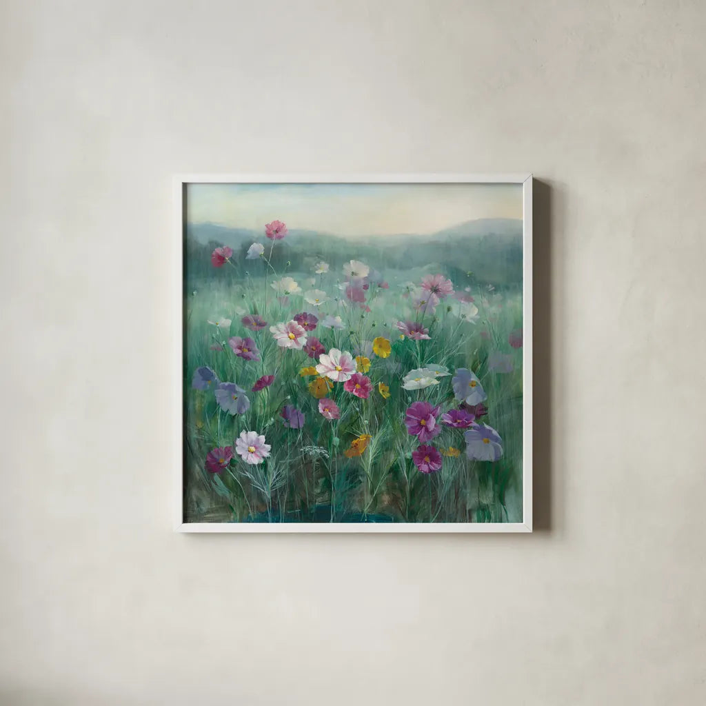 Cosmos at Dawn by Danhui Nai. Shown in a crisp white glass frame for a clean and minimalist style. Available as an archival giclee rolled canvas, fine art paper, or poster print. SKU 34628a.