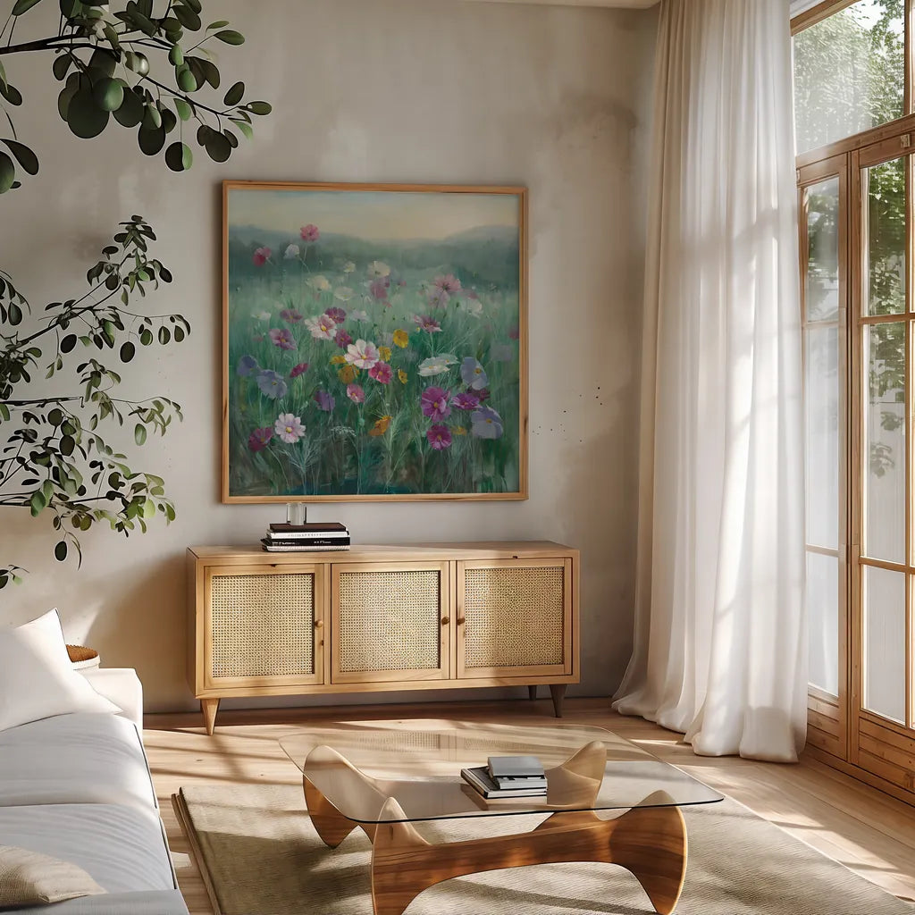 Cosmos at Dawn by Danhui Nai. Shown in a natural wood frame in a cozy modern living room. Available as an archival giclee rolled canvas, fine art paper, or poster print. SKU 34628a.