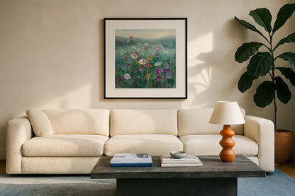 Cosmos at Dawn by Danhui Nai. Displayed in a glass frame with matte in a clean modern living room. Available as an archival giclee rolled canvas, fine art paper, or poster print. SKU 34628a.