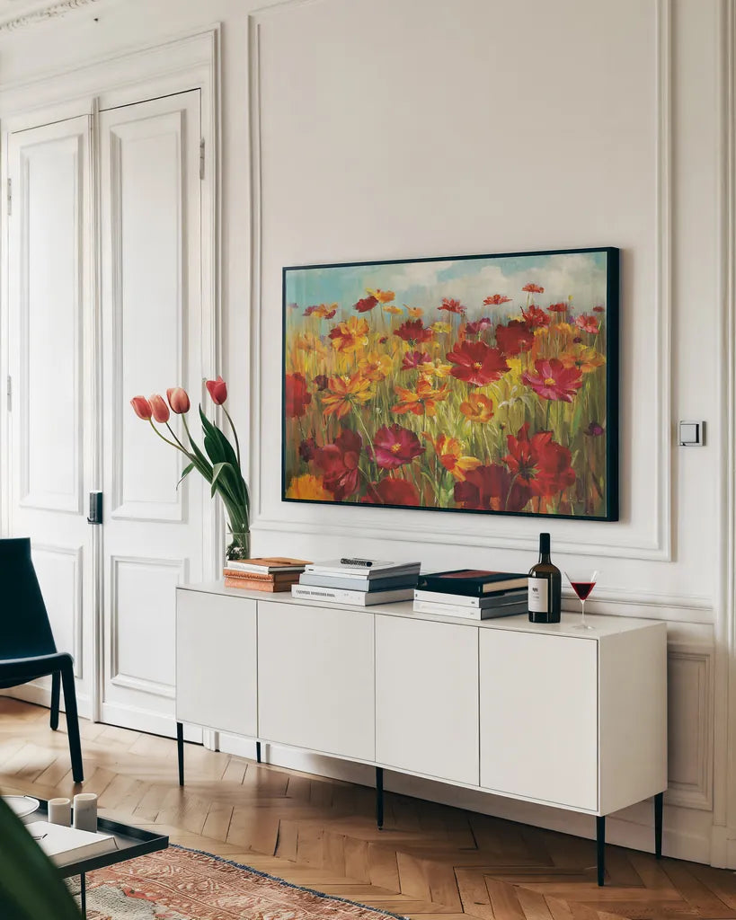 Cosmos in Field by Danhui Nai. shown as a framed stretched canvas in a living room above a console. Available as a archival giclee rolled canvas, fine art paper, or poster print. SKU 7311i.