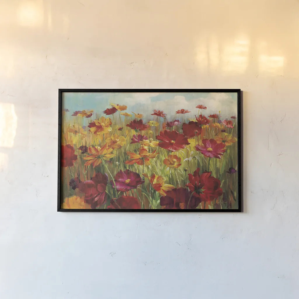 Cosmos in Field by Danhui Nai. shown as a paper print in a black flame. Available as a archival giclee rolled canvas, fine art paper, or poster print. SKU 7311i.