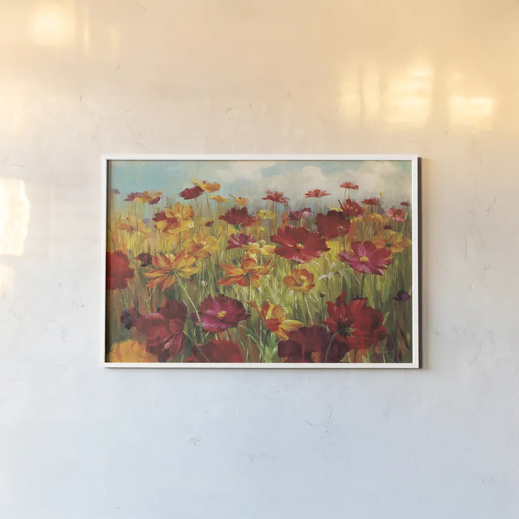 Cosmos in Field by Danhui Nai. shown as a paper print in a white frame. Available as a archival giclee rolled canvas, fine art paper, or poster print. SKU 7311i.