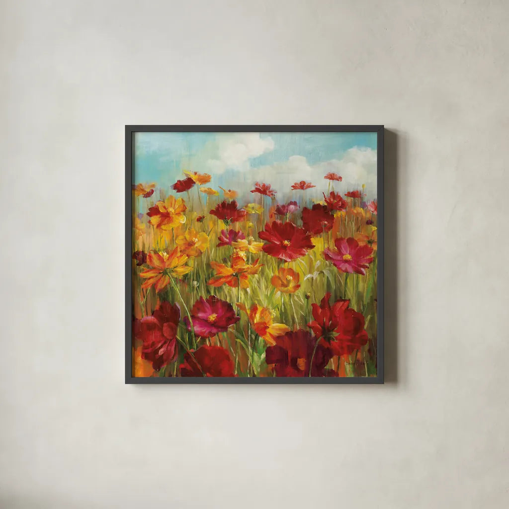 Cosmos in the Field by Danhui Nai. Shown in a sleek black glass frame for a contemporary gallery look. Available as an archival giclee rolled canvas, fine art paper, or poster print. SKU 7311a.