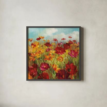 Cosmos in the Field by Danhui Nai. Shown in a sleek black glass frame for a contemporary gallery look. Available as an archival giclee rolled canvas, fine art paper, or poster print. SKU 7311a.
