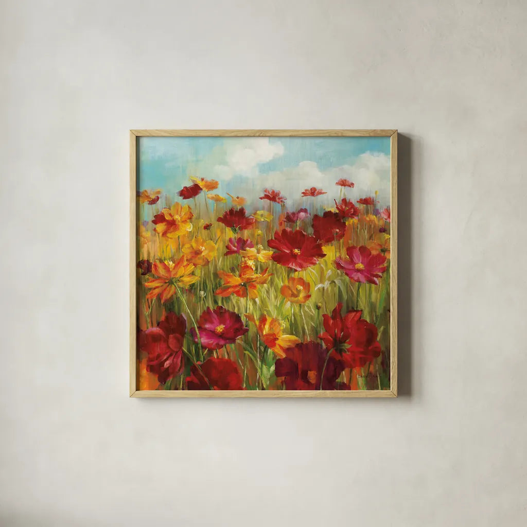 Cosmos in the Field by Danhui Nai. Shown in a natural wood glass frame for a timeless modern aesthetic. Available as an archival giclee rolled canvas, fine art paper, or poster print. SKU 7311a.