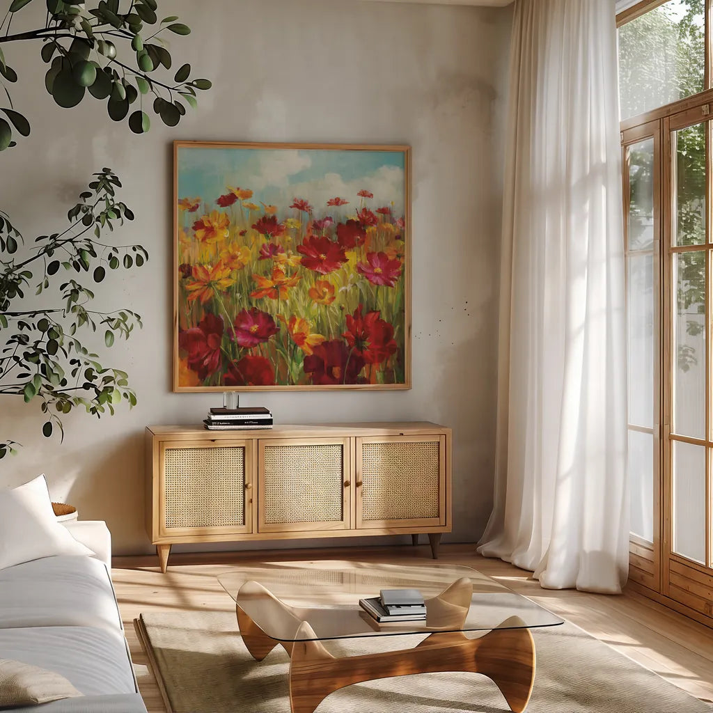 Cosmos in the Field by Danhui Nai. Shown in a natural wood frame in a cozy modern living room. Available as an archival giclee rolled canvas, fine art paper, or poster print. SKU 7311a.
