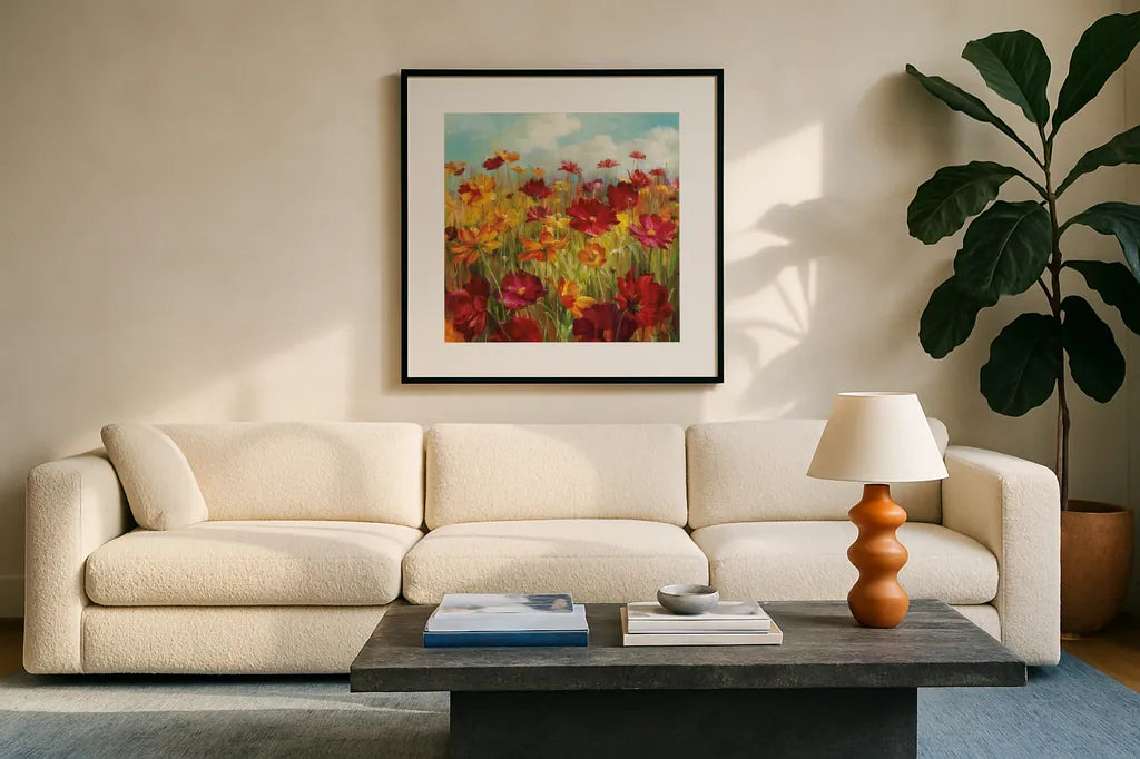 Cosmos in the Field by Danhui Nai. Displayed in a glass frame with matte in a clean modern living room. Available as an archival giclee rolled canvas, fine art paper, or poster print. SKU 7311a.
