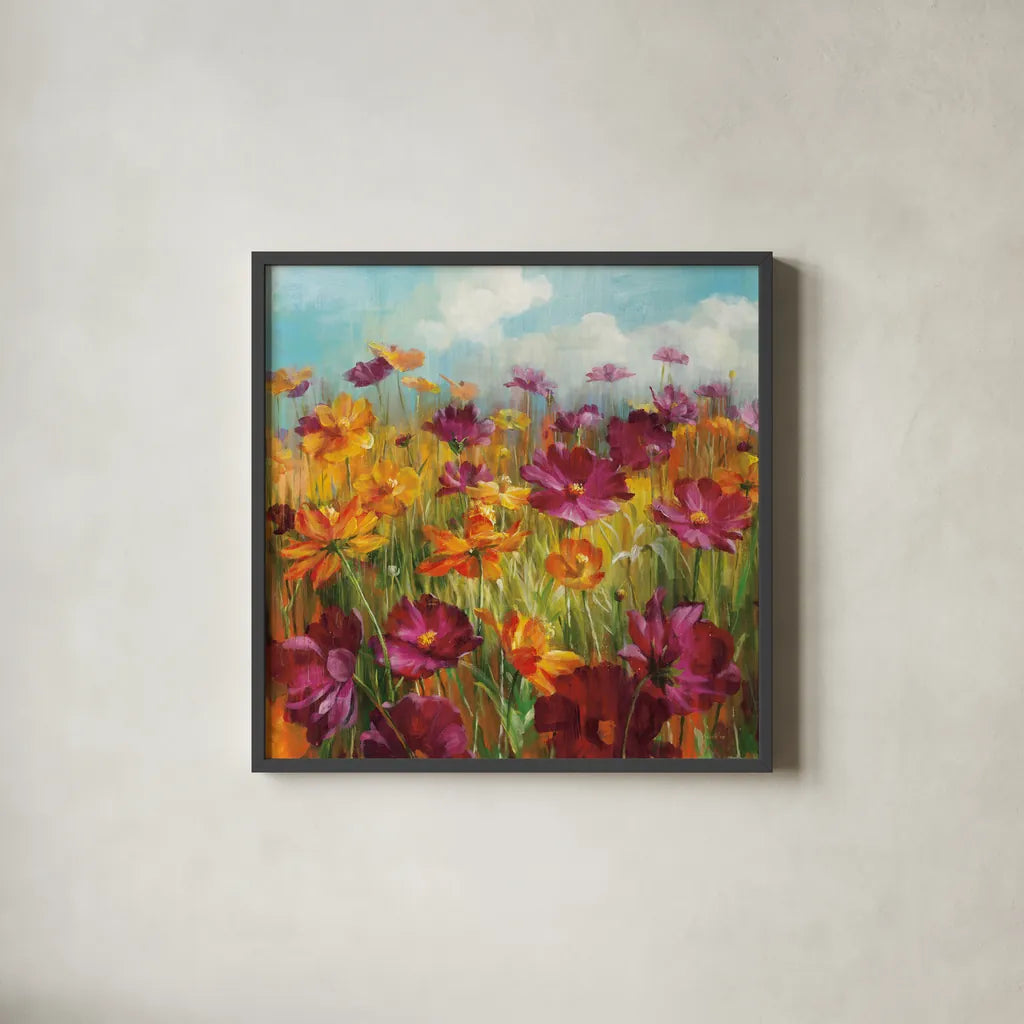 Cosmos in the Field Purple by Danhui Nai. Shown in a sleek black glass frame for a contemporary gallery look. Available as an archival giclee rolled canvas, fine art paper, or poster print. SKU 11909a.