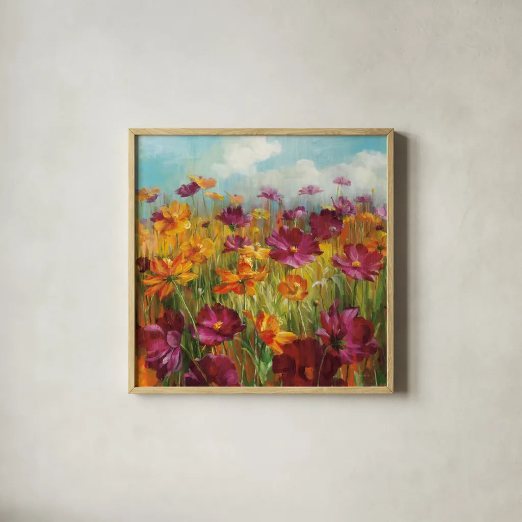 Cosmos in the Field Purple by Danhui Nai. Shown in a natural wood glass frame for a timeless modern aesthetic. Available as an archival giclee rolled canvas, fine art paper, or poster print. SKU 11909a.
