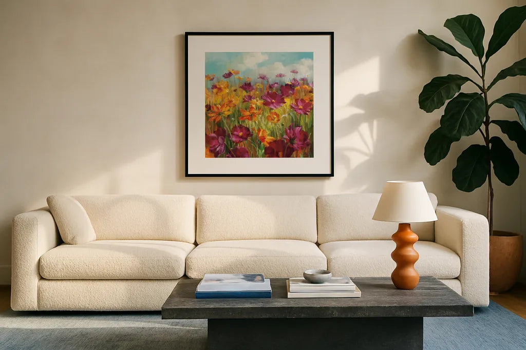 Cosmos in the Field Purple by Danhui Nai. Displayed in a glass frame with matte in a clean modern living room. Available as an archival giclee rolled canvas, fine art paper, or poster print. SKU 11909a.