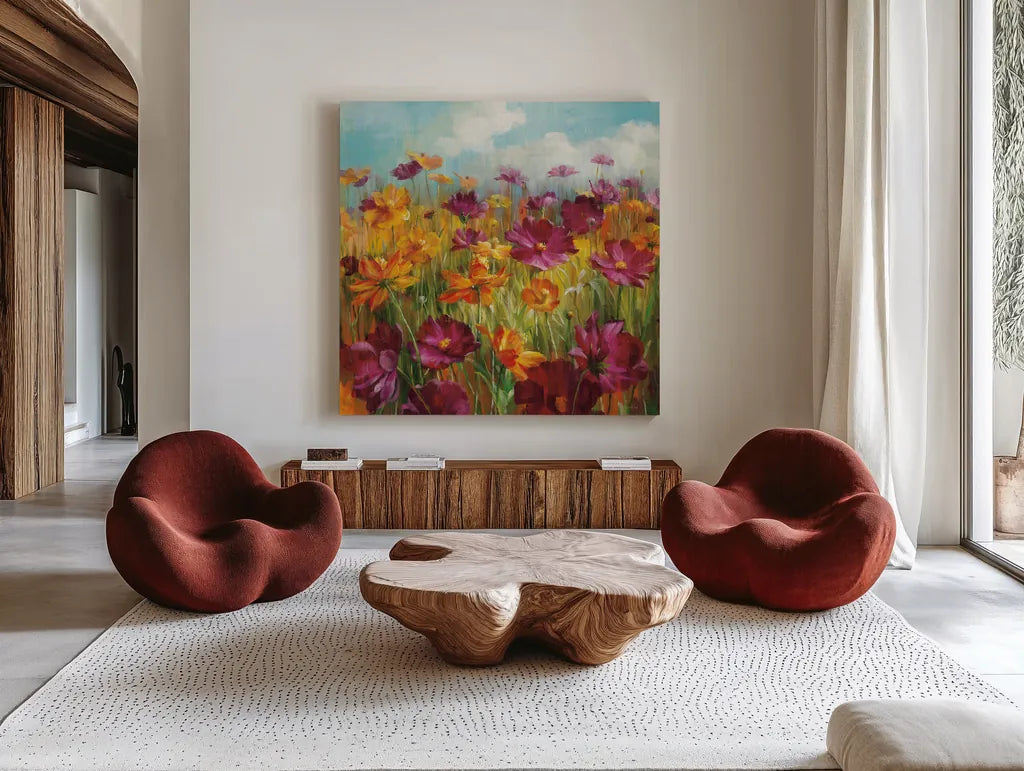 Cosmos in the Field Purple by Danhui Nai. Shown as extra-large giant wall art in a modern living room. Available as an archival giclee rolled canvas, fine art paper, or poster print. SKU 11909a.