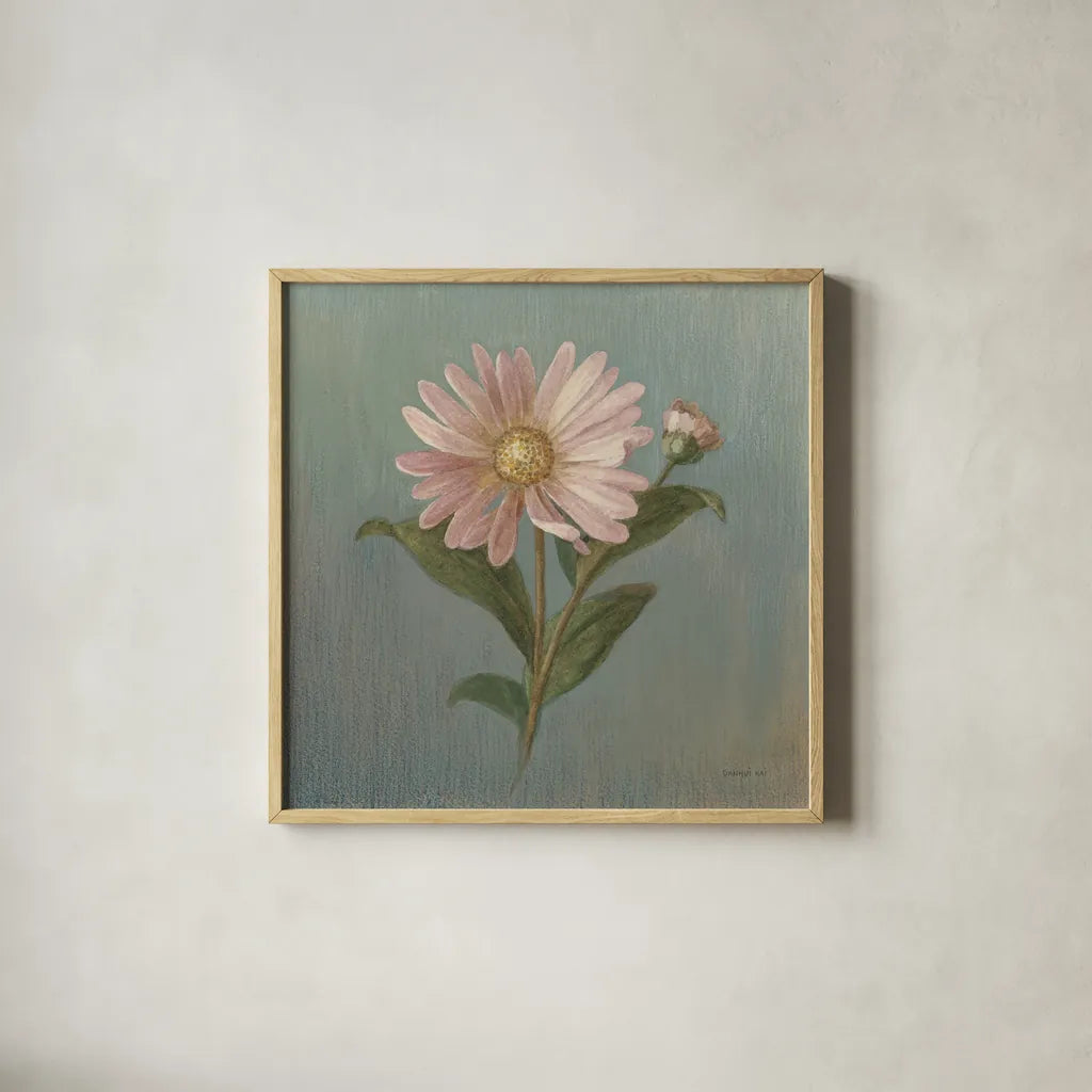 Cottage Aster by Danhui Nai. Shown in a natural wood glass frame for a timeless modern aesthetic. Available as an archival giclee rolled canvas, fine art paper, or poster print. SKU 5172a.