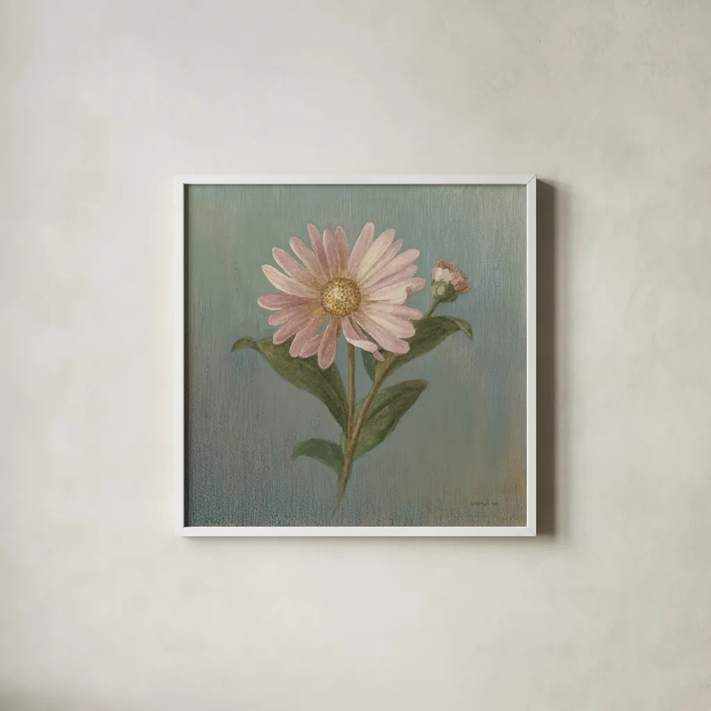 Cottage Aster by Danhui Nai. Shown in a crisp white glass frame for a clean and minimalist style. Available as an archival giclee rolled canvas, fine art paper, or poster print. SKU 5172a.
