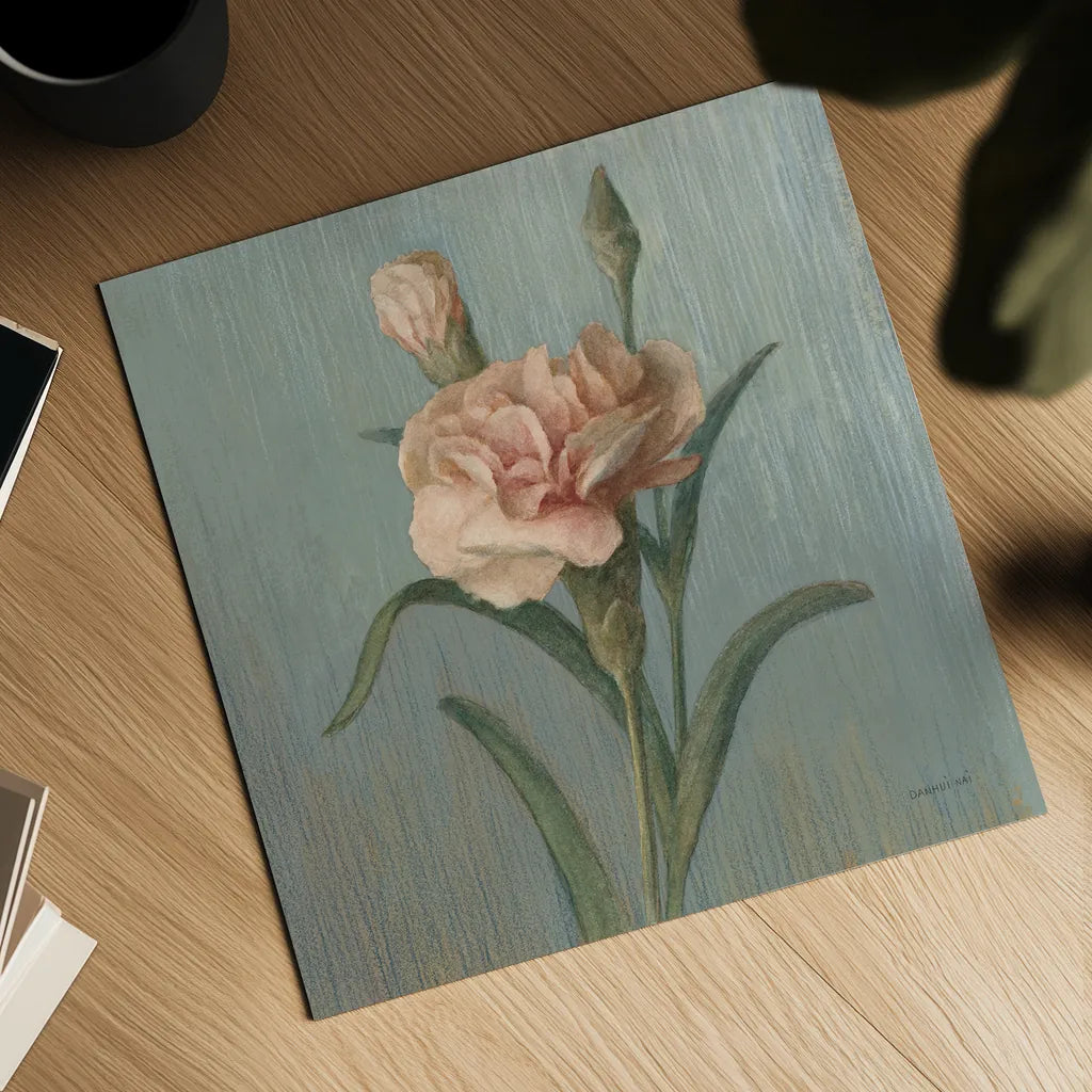 Cottage Carnation by Danhui Nai. Shown as a detailed flat fine art print, highlighting archival giclee quality. Available as an archival giclee rolled canvas, fine art paper, or poster print. SKU 5164a.