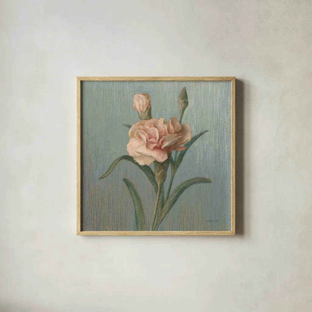 Cottage Carnation by Danhui Nai. Shown in a natural wood glass frame for a timeless modern aesthetic. Available as an archival giclee rolled canvas, fine art paper, or poster print. SKU 5164a.