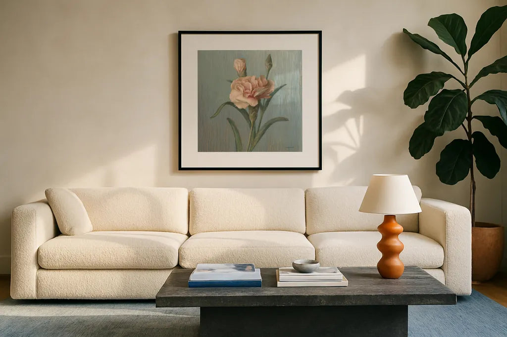 Cottage Carnation by Danhui Nai. Displayed in a glass frame with matte in a clean modern living room. Available as an archival giclee rolled canvas, fine art paper, or poster print. SKU 5164a.