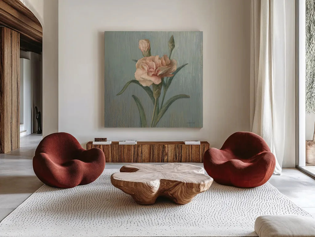 Cottage Carnation by Danhui Nai. Shown as extra-large giant wall art in a modern living room. Available as an archival giclee rolled canvas, fine art paper, or poster print. SKU 5164a.