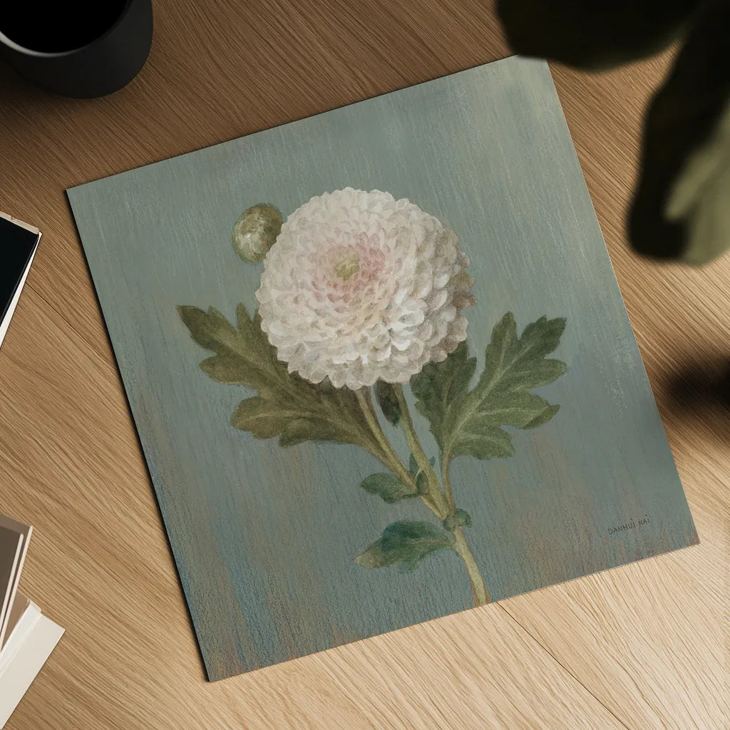 Cottage Chrysanthemum by Danhui Nai. Shown as a detailed flat fine art print, highlighting archival giclee quality. Available as an archival giclee rolled canvas, fine art paper, or poster print. SKU 83299a.