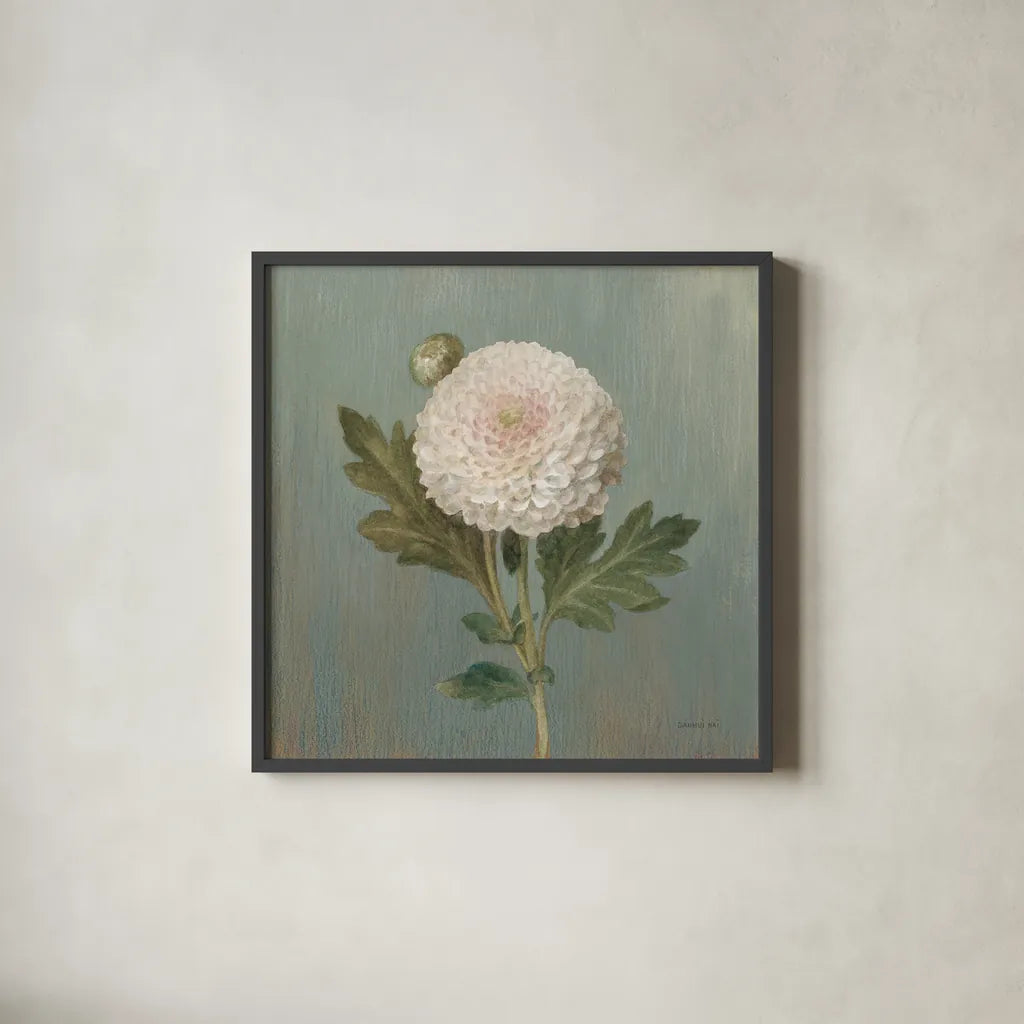 Cottage Chrysanthemum by Danhui Nai. Shown in a sleek black glass frame for a contemporary gallery look. Available as an archival giclee rolled canvas, fine art paper, or poster print. SKU 83299a.