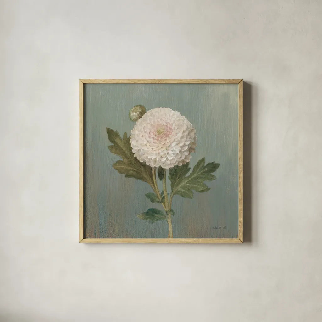 Cottage Chrysanthemum by Danhui Nai. Shown in a natural wood glass frame for a timeless modern aesthetic. Available as an archival giclee rolled canvas, fine art paper, or poster print. SKU 83299a.