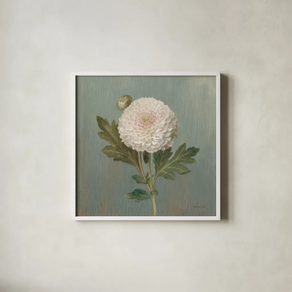 Cottage Chrysanthemum by Danhui Nai. Shown in a crisp white glass frame for a clean and minimalist style. Available as an archival giclee rolled canvas, fine art paper, or poster print. SKU 83299a.