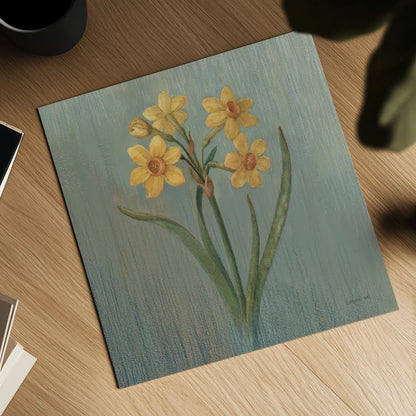 Cottage Daffodil by Danhui Nai. Shown as a detailed flat fine art print, highlighting archival giclee quality. Available as an archival giclee rolled canvas, fine art paper, or poster print. SKU 91988a.