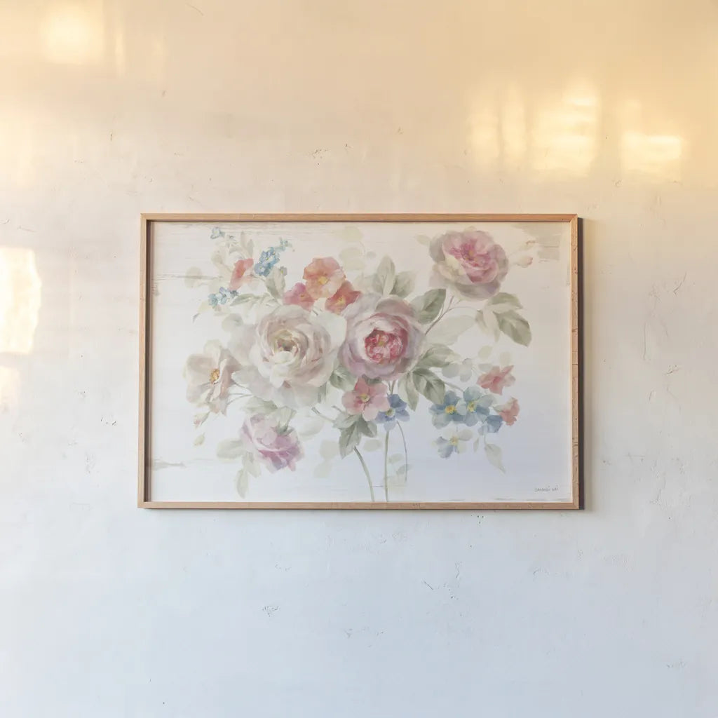 Cottage Garden I by Danhui Nai. shown as a paper print in a natural frame. Available as a archival giclee rolled canvas, fine art paper, or poster print. SKU 47481i.