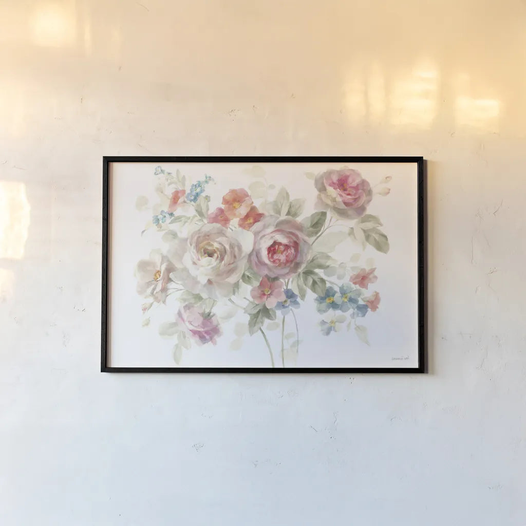 Cottage Garden I on White by Danhui Nai. shown as a paper print in a black flame. Available as a archival giclee rolled canvas, fine art paper, or poster print. SKU 47881i.