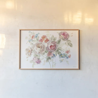 Cottage Garden I on White by Danhui Nai. shown as a paper print in a natural frame. Available as a archival giclee rolled canvas, fine art paper, or poster print. SKU 47881i.