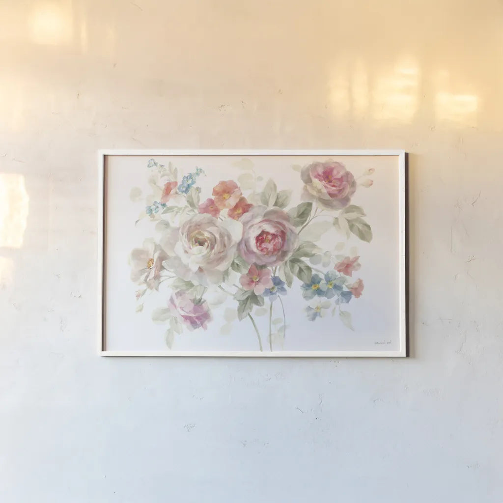 Cottage Garden I on White by Danhui Nai. shown as a paper print in a white frame. Available as a archival giclee rolled canvas, fine art paper, or poster print. SKU 47881i.