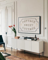 Cottage Garden I on wood by Danhui Nai. shown as a framed stretched canvas in a living room above a console. Available as a archival giclee rolled canvas, fine art paper, or poster print. SKU 75474i.