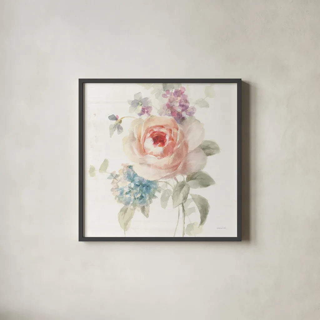 Cottage Garden III Crop by Danhui Nai. Shown in a sleek black glass frame for a contemporary gallery look. Available as an archival giclee rolled canvas, fine art paper, or poster print. SKU 47483a.