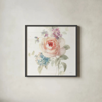 Cottage Garden III Crop by Danhui Nai. Shown in a sleek black glass frame for a contemporary gallery look. Available as an archival giclee rolled canvas, fine art paper, or poster print. SKU 47483a.