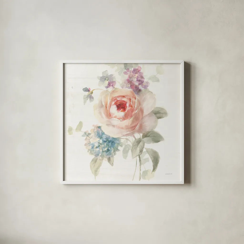 Cottage Garden III Crop by Danhui Nai. Shown in a crisp white glass frame for a clean and minimalist style. Available as an archival giclee rolled canvas, fine art paper, or poster print. SKU 47483a.