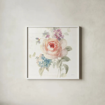 Cottage Garden III Crop by Danhui Nai. Shown in a crisp white glass frame for a clean and minimalist style. Available as an archival giclee rolled canvas, fine art paper, or poster print. SKU 47483a.