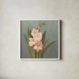 Cottage Gladiola by Danhui Nai. Shown in a crisp white glass frame for a clean and minimalist style. Available as an archival giclee rolled canvas, fine art paper, or poster print. SKU 91990a.