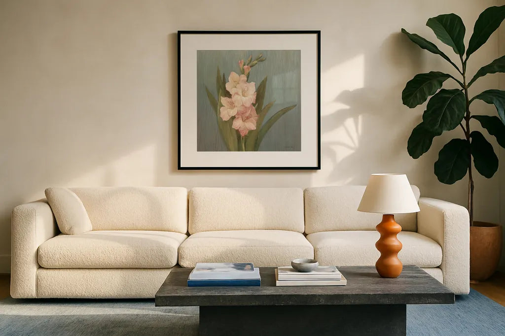 Cottage Gladiola by Danhui Nai. Displayed in a glass frame with matte in a clean modern living room. Available as an archival giclee rolled canvas, fine art paper, or poster print. SKU 91990a.