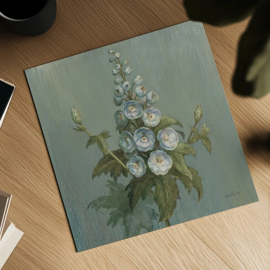 Cottage Larkspur by Danhui Nai. Shown as a detailed flat fine art print, highlighting archival giclee quality. Available as an archival giclee rolled canvas, fine art paper, or poster print. SKU 83298a.