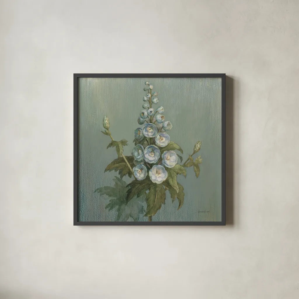 Cottage Larkspur by Danhui Nai. Shown in a sleek black glass frame for a contemporary gallery look. Available as an archival giclee rolled canvas, fine art paper, or poster print. SKU 83298a.