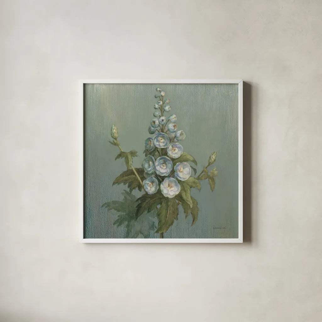 Cottage Larkspur by Danhui Nai. Shown in a crisp white glass frame for a clean and minimalist style. Available as an archival giclee rolled canvas, fine art paper, or poster print. SKU 83298a.