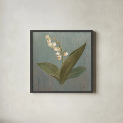 Cottage Lily of the Valley by Danhui Nai. Shown in a sleek black glass frame for a contemporary gallery look. Available as an archival giclee rolled canvas, fine art paper, or poster print. SKU 5168a.