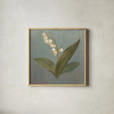 Cottage Lily of the Valley by Danhui Nai. Shown in a natural wood glass frame for a timeless modern aesthetic. Available as an archival giclee rolled canvas, fine art paper, or poster print. SKU 5168a.