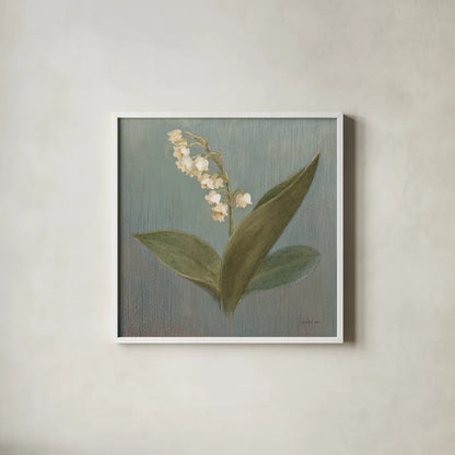 Cottage Lily of the Valley by Danhui Nai. Shown in a crisp white glass frame for a clean and minimalist style. Available as an archival giclee rolled canvas, fine art paper, or poster print. SKU 5168a.