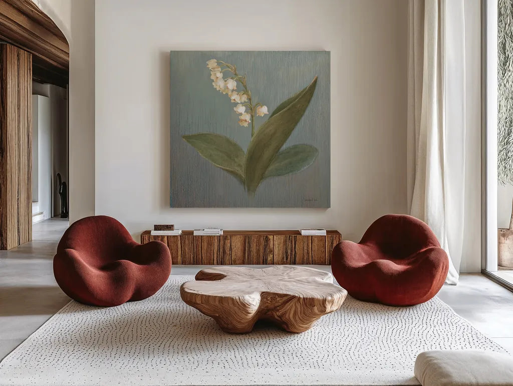 Cottage Lily of the Valley by Danhui Nai. Shown as extra-large giant wall art in a modern living room. Available as an archival giclee rolled canvas, fine art paper, or poster print. SKU 5168a.