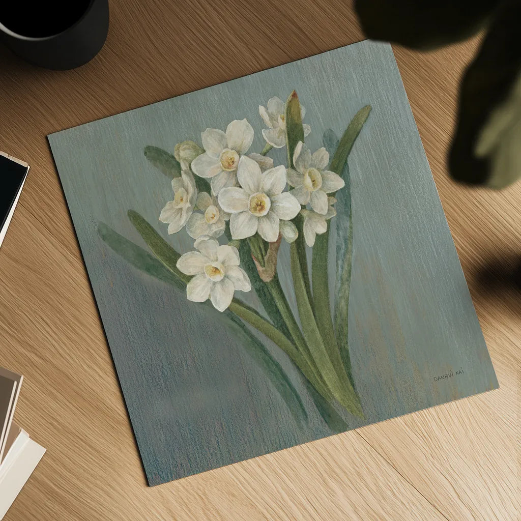 Cottage Narcissus by Danhui Nai. Shown as a detailed flat fine art print, highlighting archival giclee quality. Available as an archival giclee rolled canvas, fine art paper, or poster print. SKU 83300a.